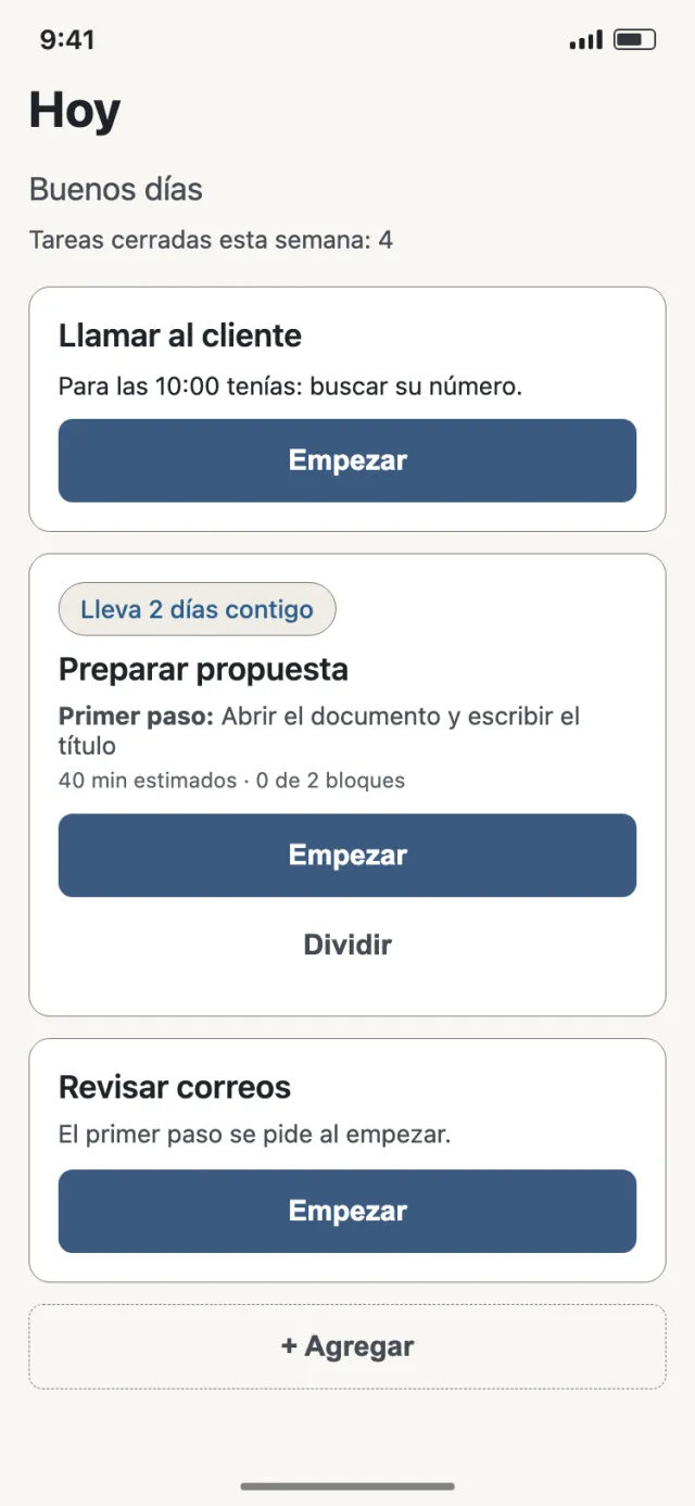 Pantalla Hoy en tema claro: saludo, tareas cerradas esta semana y tres tareas con botón Empezar.