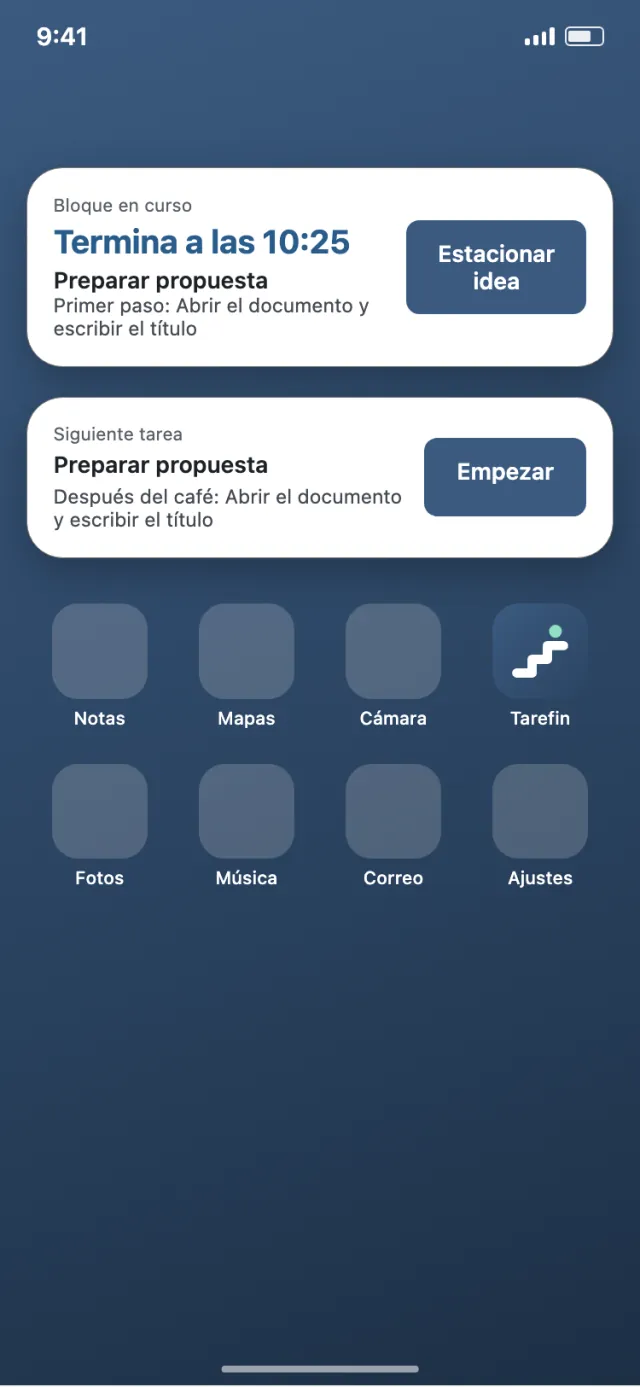 Pantalla de inicio de Android con el widget de Tarefin: bloque en curso que termina a las 10:25 y la siguiente tarea con botón Empezar.