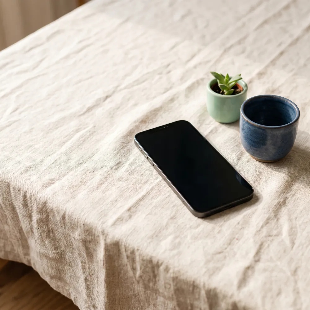 Teléfono sobre una mesa con mantel de lino, con luz suave.